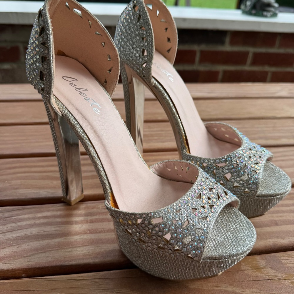 Celeste Silver Rhinestone‎ Platform Stiletto Heels Womens 7.5 Sparkly Open Toe
